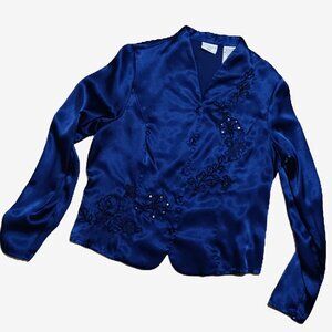 Vintage 90's Covington embroidered dark blue satiny dress blouse, size M petite